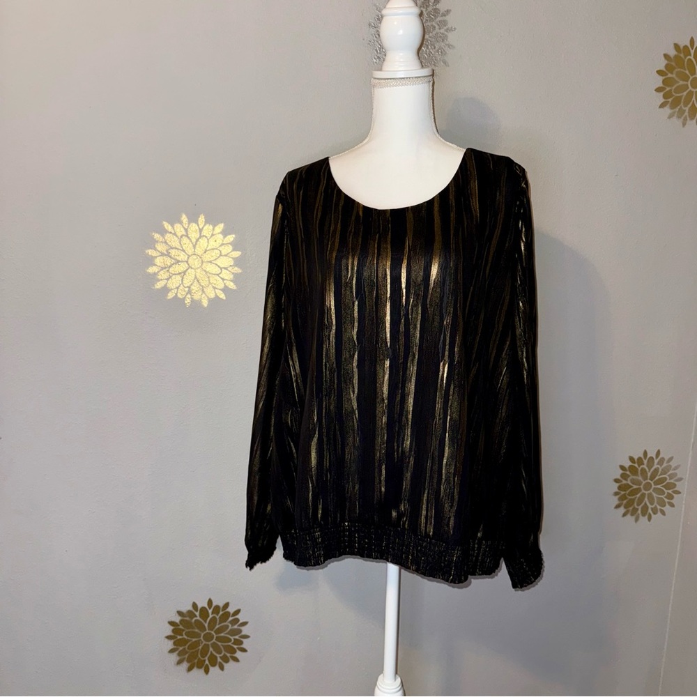 Elegant Women’s 2XL Black Metallic Gold Top‎ Shirt Blouse L/S Lightweight